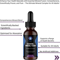 Close-up of Essential Mineral Fusion dropper bottle highlighting comprehensive mineral blend and absorption.