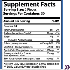 "Detailed nutritional label of apple cider vinegar gummies highlighting calories, ingredients, and daily value percentages.