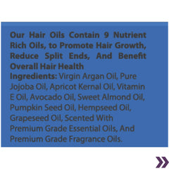 Ingredients list of Goddesses Blessing Hair Oil, highlighting nine nutrient-rich oils for hair health.