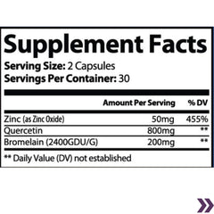 Supplement facts label for Quercetin Plus with Zinc and Bromelain, listing serving size, servings per container, and nutrient amounts.