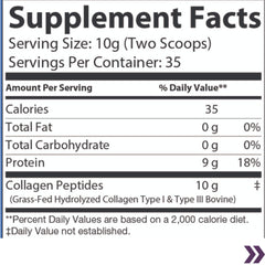 Supplement facts label for VAST Vitamins Collagen, with serving size, protein content, and grass-fed hydrolyzed collagen type I and III.