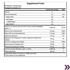 Supplement facts label for VAST Vitamins Elderberry Defense detailing serving size, vitamin content, and 1000mg elderberry extract per serving.