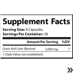 Supplement facts label for grass-fed beef liver capsules with a serving size of 4 capsules and a total of 3000 mg beef liver per serving.