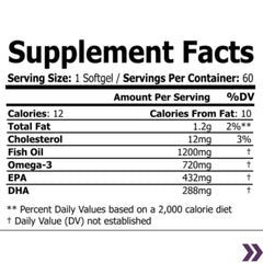 Supplement facts label for Omega-3 Fish Oil containing 1200mg Fish Oil and 720mg Omega-3 per softgel.