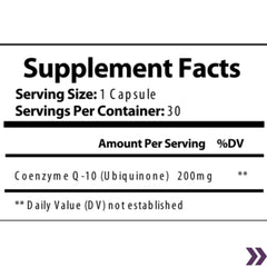 Supplement facts label showing Coenzyme Q-10 (Ubiquinone) 200mg content per serving in a container of 30 capsules.