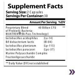 Supplement facts label for Probiotic 40 Billion CFU capsules detailing the proprietary blend of probiotic bacteria