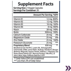 Nutritional supplement label detailing vitamin content and proprietary blend ingredients for veggie capsules."
