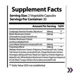 Supplement facts label for VAST Mushroom Defense capsules, detailing various mushroom extracts like Cordyceps Sinensis and Reishi.