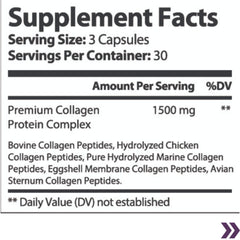 Nutritional label for VAST Vitamins Premium Collagen Complex, serving size 3 capsules with 1500mg protein complex.