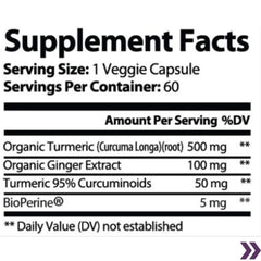 Supplement facts label for a veggie capsule containing Organic Turmeric and Ginger with BioPerine, serving size 1 capsule.