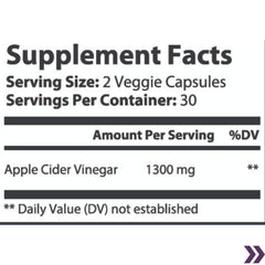 Nutritional label showing serving size and ingredients for Apple Cider Vinegar supplement, 1300mg per 2 capsules.