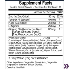 Nutritional label for male enhancement supplement detailing ingredients like Zinc Oxide, Tongkat Ali, and a proprietary blend.