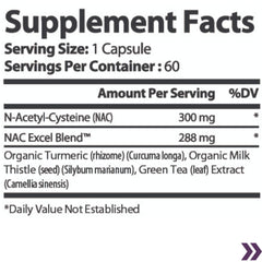 Supplement facts label for NAC Plus capsules detailing serving size and proprietary blend with organic ingredients.