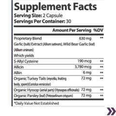 Supplement facts label for Allicin Antioxidant Boost showing 2 capsules per serving and ingredients like Garlic Extract and Organic Turkey Tails.