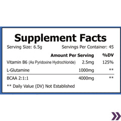Supplement facts label for BCAA SHOCK with 6.5g serving size and 45 servings per container, highlighting 125% DV of Vitamin B6.