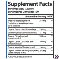 Detailed supplement facts label showing Rhodiola rosea, Organic Turmeric, and other natural extracts for adaptogenic support.