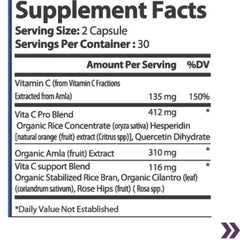 Close-up of supplement facts label showing Vitamin C sourced from organic Amla extract and a proprietary blend of natural ingredients.