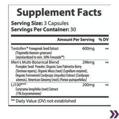 "Supplement facts label for a men's health product showing serving size, Testofen Fenugreek Seed Extract, and a multi-botanical blend