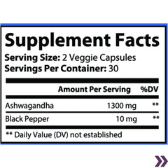 Nutritional label detailing 1300mg Ashwagandha and 10mg Black Pepper per serving.