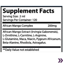 Supplement facts label showing serving size, ingredients like African Mango Extract and various amino acids for a wellness supplement