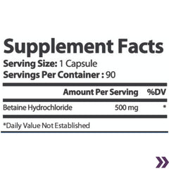 Supplement facts label for Betaine HCL 500mg indicating serving size and container count.