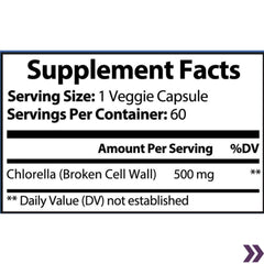 Supplement facts label showing 500 mg of Chlorella per veggie capsule with 60 servings per container.