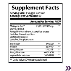 Supplement facts label for Digestive Enzyme Fuel with Makszyme-Pro™ and various enzymes.