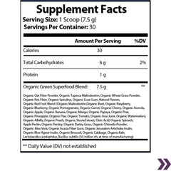 Nutritional label for organic green superfood supplement with ingredients and serving size.