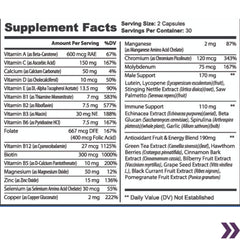 Detailed supplement facts for a men's multivitamin with vitamin and mineral breakdown.