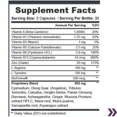 Supplement facts label for VAST Vitamins Goddesses Essence Female Enhancement with vitamins and proprietary blend.
