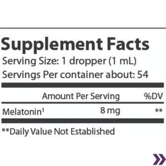 Supplement facts label for VAST Vitamins Gentle Rest Melatonin showing 8 mg serving size and 54 servings per container.