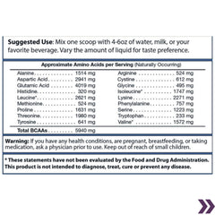 Nutritional label showing suggested use and approximate amino acids per serving for a dietary supplement.