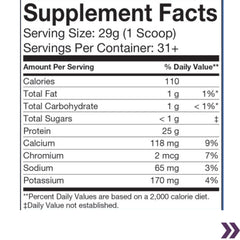 Supplement facts label showing serving size, calories, and nutritional information including vitamins and minerals for a protein supplement