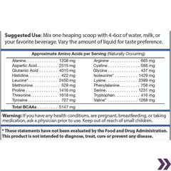 Detailed supplement usage instructions and approximate amino acids per serving chart for a dietary supplement.