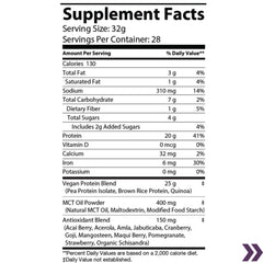 Nutritional label for Vanilla Vegan Protein powder with 20g of protein per serving and added MCT oil and antioxidants.