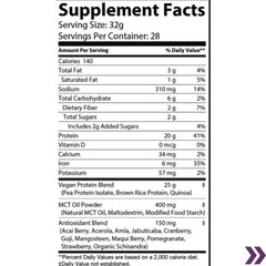 Nutritional information for vegan protein powder with MCT oil and an antioxidant blend