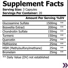 Supplement facts for Joint Flex capsules with Glucosamine, Chondroitin, and MSM for joint support.