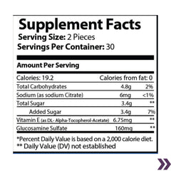 Supplement facts label for Joint Care Gummies with Vitamin E and Glucosamine Sulfate.