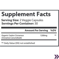 Nutritional label for Organic Ceylon Cinnamon supplement showing serving size of two capsules and total servings per container.