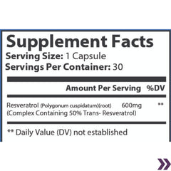 Supplement facts label detailing serving size, servings per container, and ingredients for Resveratrol 600mg capsules