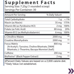 Supplement facts label for VAST PERFORMANCE Amplifier Pre-Workout detailing nutritional information per serving