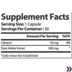 Supplement facts label for Premium Deer Antler Velvet capsules with calcium content