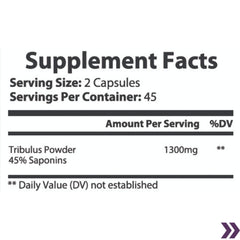 Dietary supplement label for Tribulus Extract capsules with 45% Saponins and serving information