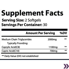 Nutritional label showing MCT Oil softgel supplement facts with serving size and daily values