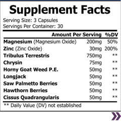 Supplement facts label showing serving size, ingredients like Magnesium, Zinc, Tribulus Terrestris, and daily values for a men's testosterone support supplement.