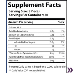 Nutritional label showing supplement facts including serving size, calories, and ingredients for sleep aid gummies.