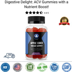 Bottle of apple cider vinegar gummies with customer satisfaction badges, flavor profile, and dietary benefits listed.