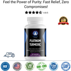 Platinum Turmeric supplement bottle with high customer rating and claims for fast relief and purity