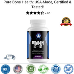 Bottle of Vitamin K2 + D3 dietary supplement with health claims, certifications, and customer satisfaction rating.