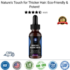 Goddesses Blessing Hair Oil bottle with customer rating and certifications, claims of eco-friendliness and hair repair.